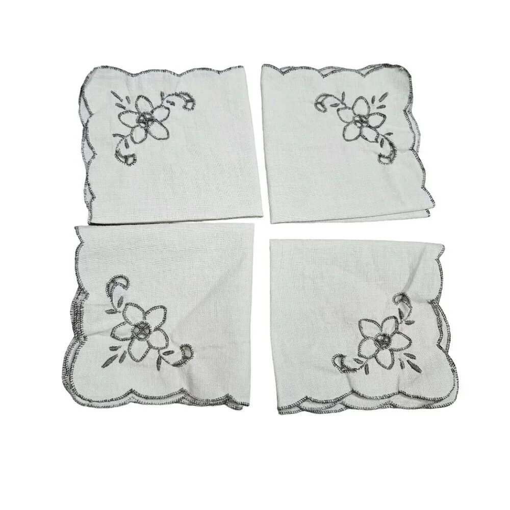 Vintage Set Of 4 Embroidered Linen Napkins With Floral Design MCM Off White Gray